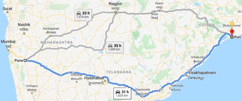 Pune-Odisha routes